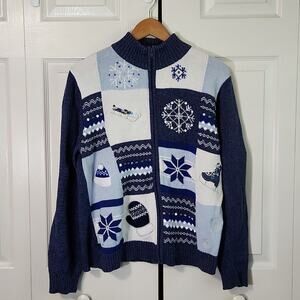 Classic Elements Blue and White Full Zip-Up Sweater Size  XL Sequins Skates Sled